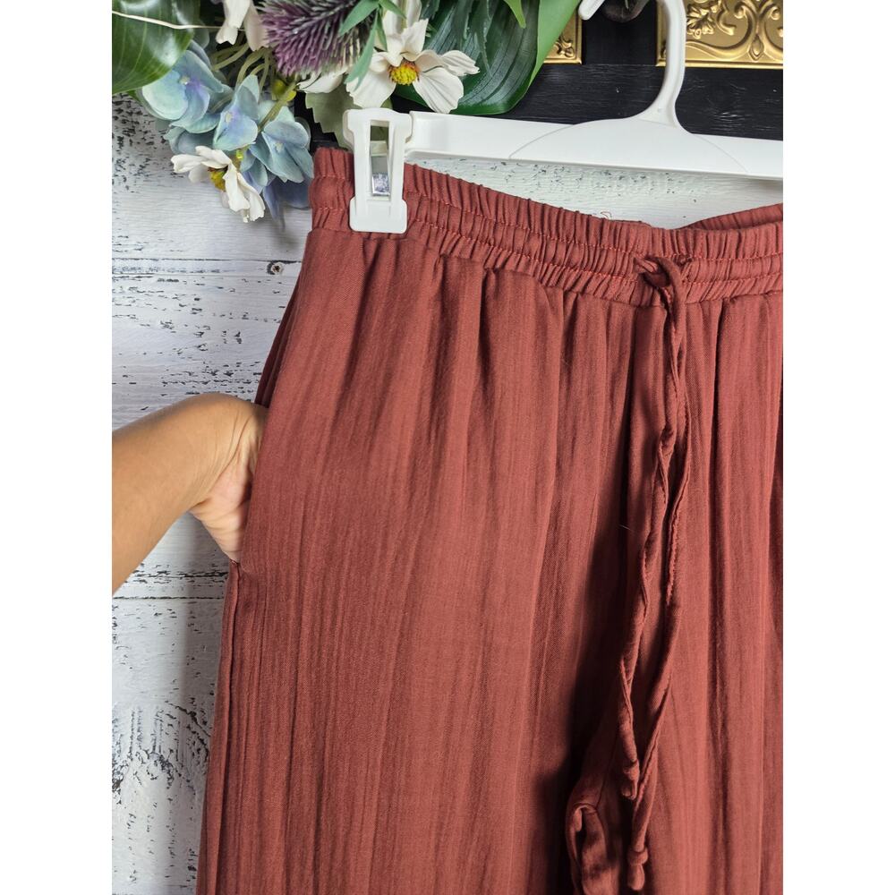 Lotus & Luna NWT Cotton Gauze Wide Leg Smocked High Waist Pants Rust Brown - Picture 3 of 7